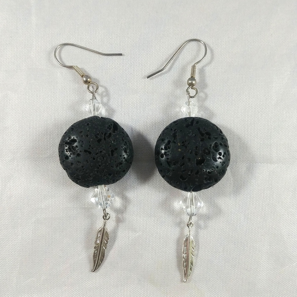 Lava Black Beaded Dangling Earrings feather accent
